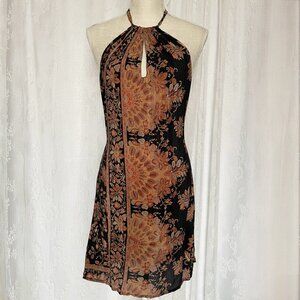 Indie Ella Women's Silk Dress One Size Black Halter Mini Keyhole Boho Paisley